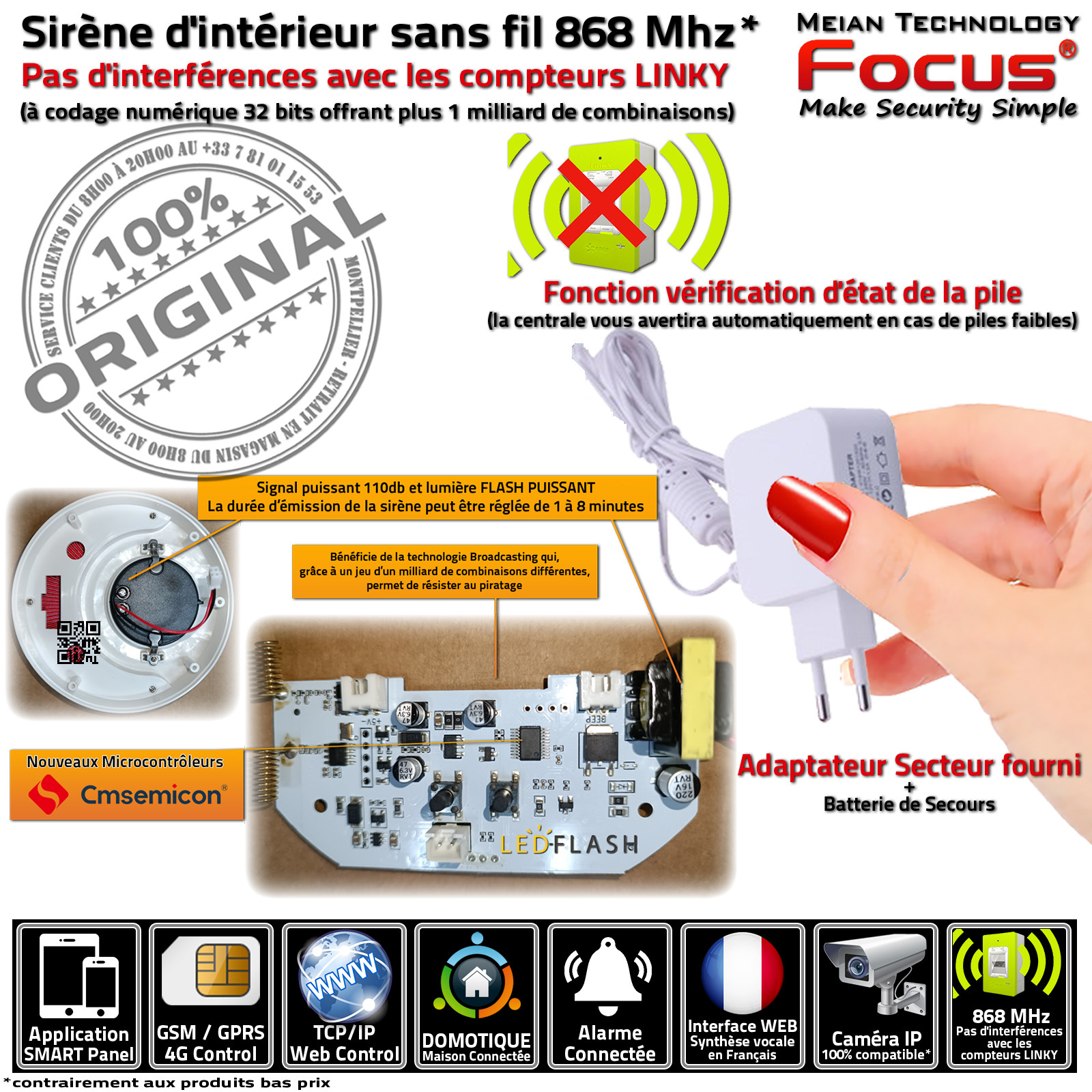 Sirène Intérieure MD 214R Sans Fil FLASH LED Système Alarme Sécurité Connecté Meian FOCUS Centrale Connectée Reseau GSM 868 MHz