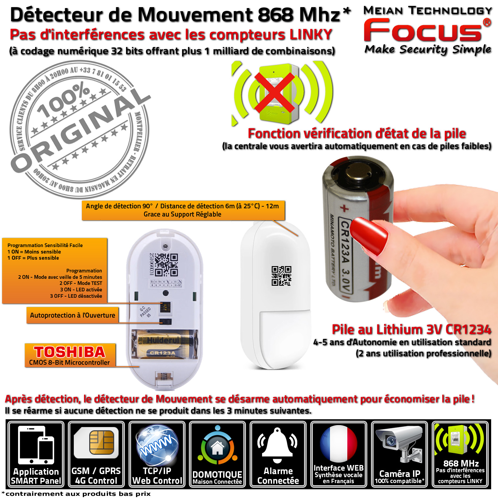 Détecteur Mouvement Infrarouge Passif MC-565R PIR Centrale Alarme Connectée Meian FOCUS 868 MHz Système Sécurité Réseau GSM 4G