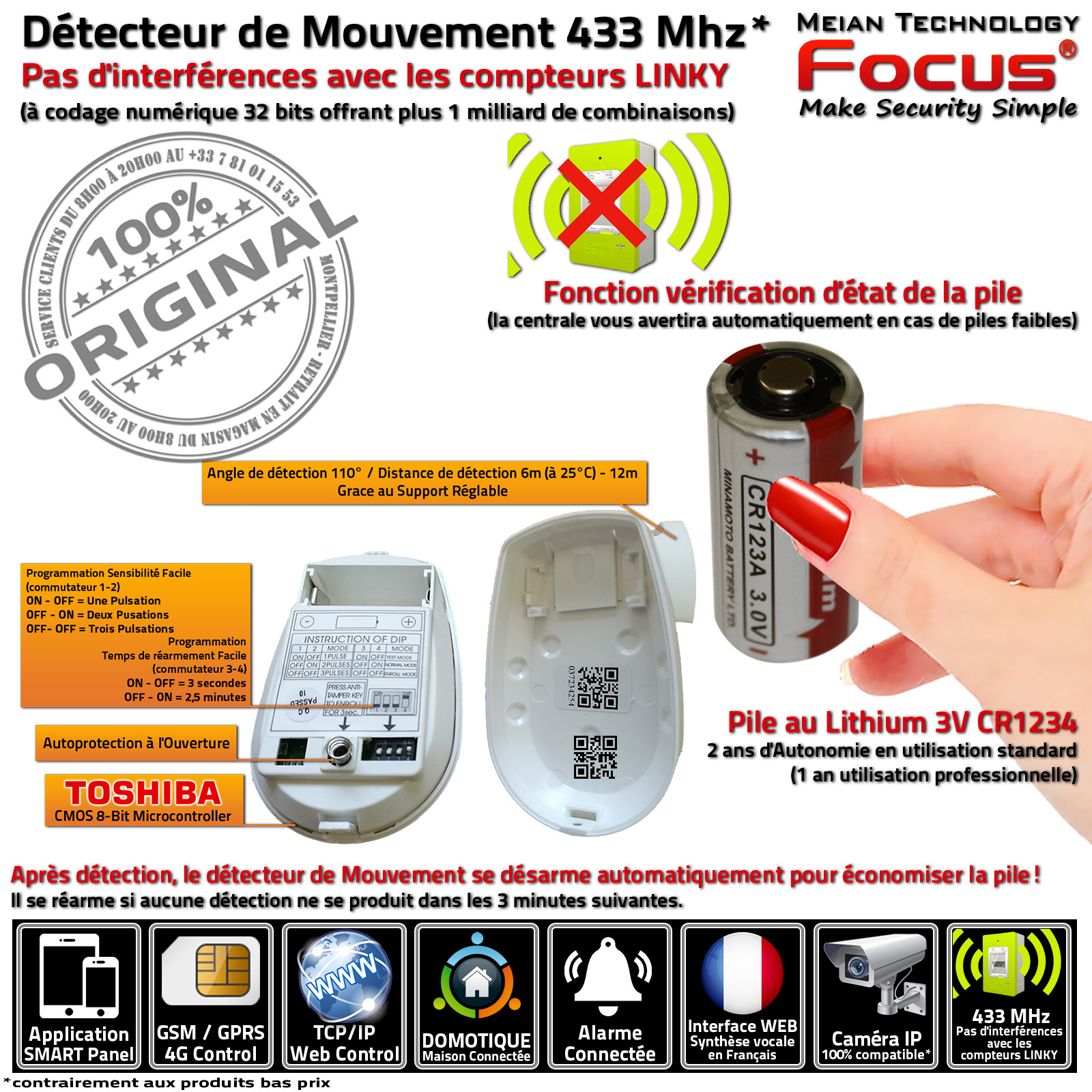 Relais Détection Mouvements Infrarouge Immunité Animaux MC-335R DMT PIR 433 MHz Système Sécurité Connecté SansFil ORIGINAL Meian