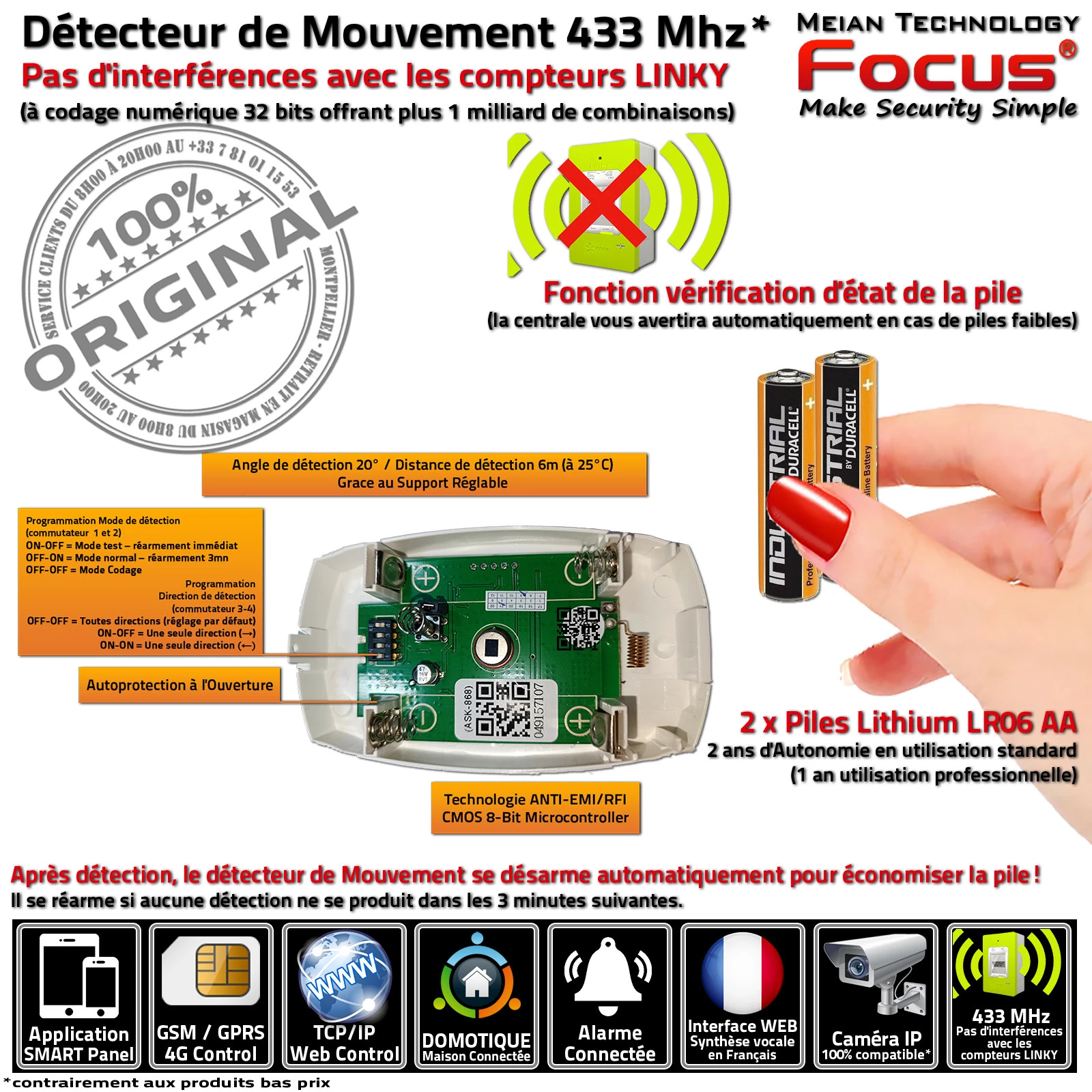 Détecteur Mouvement Infrarouge Passif PIR MD-448R DMT Centrale Alarme 433 MHz