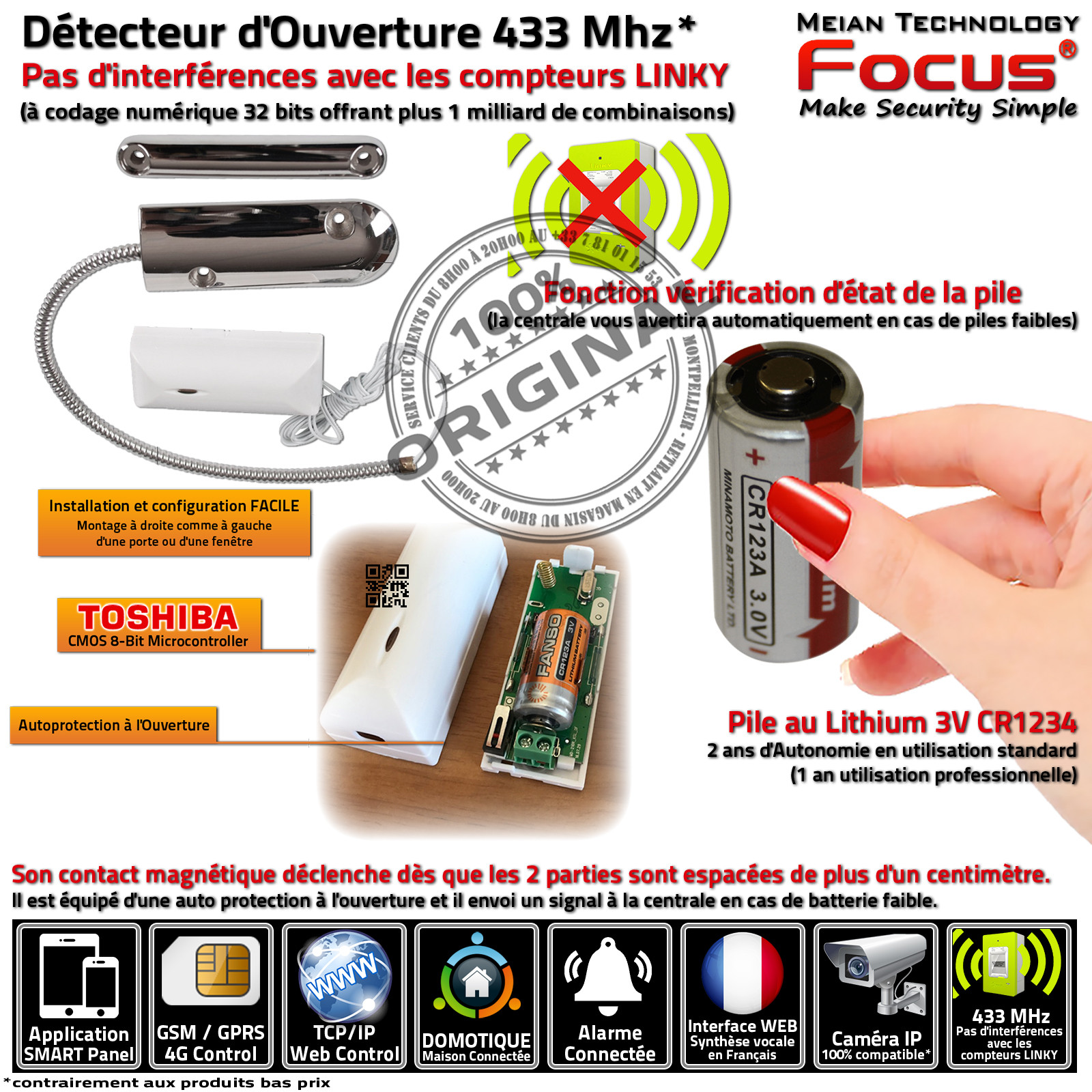 Capteur Porte Fenêtre Portail Domotique FOCUS MD-212R Centrale Alarme Garage 433 MHz Connectée Avertissement Coulissante 4G GSM