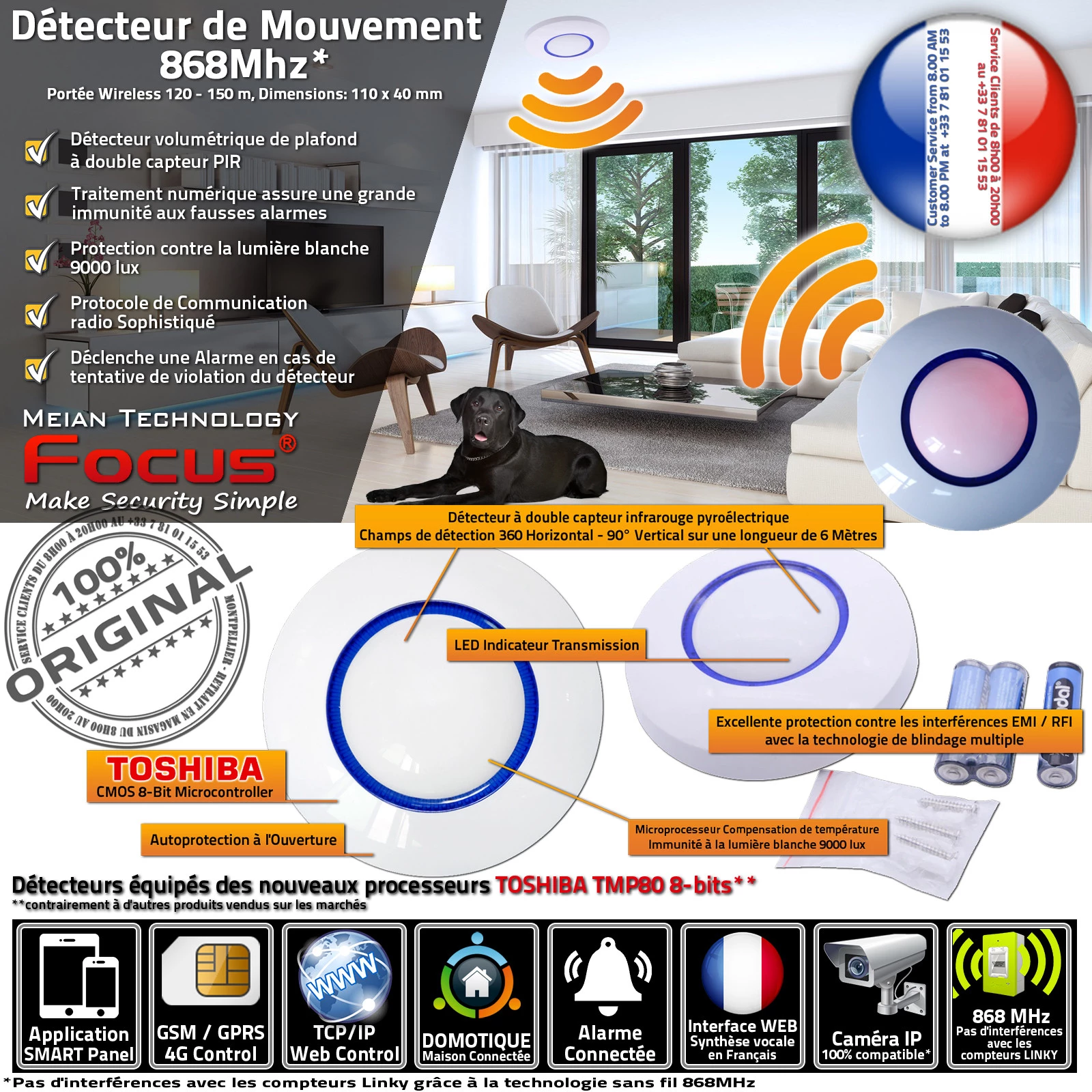 MC-7380R 868MHz Détecteur de Mouvement Plafond 360° PIR Infrarouge