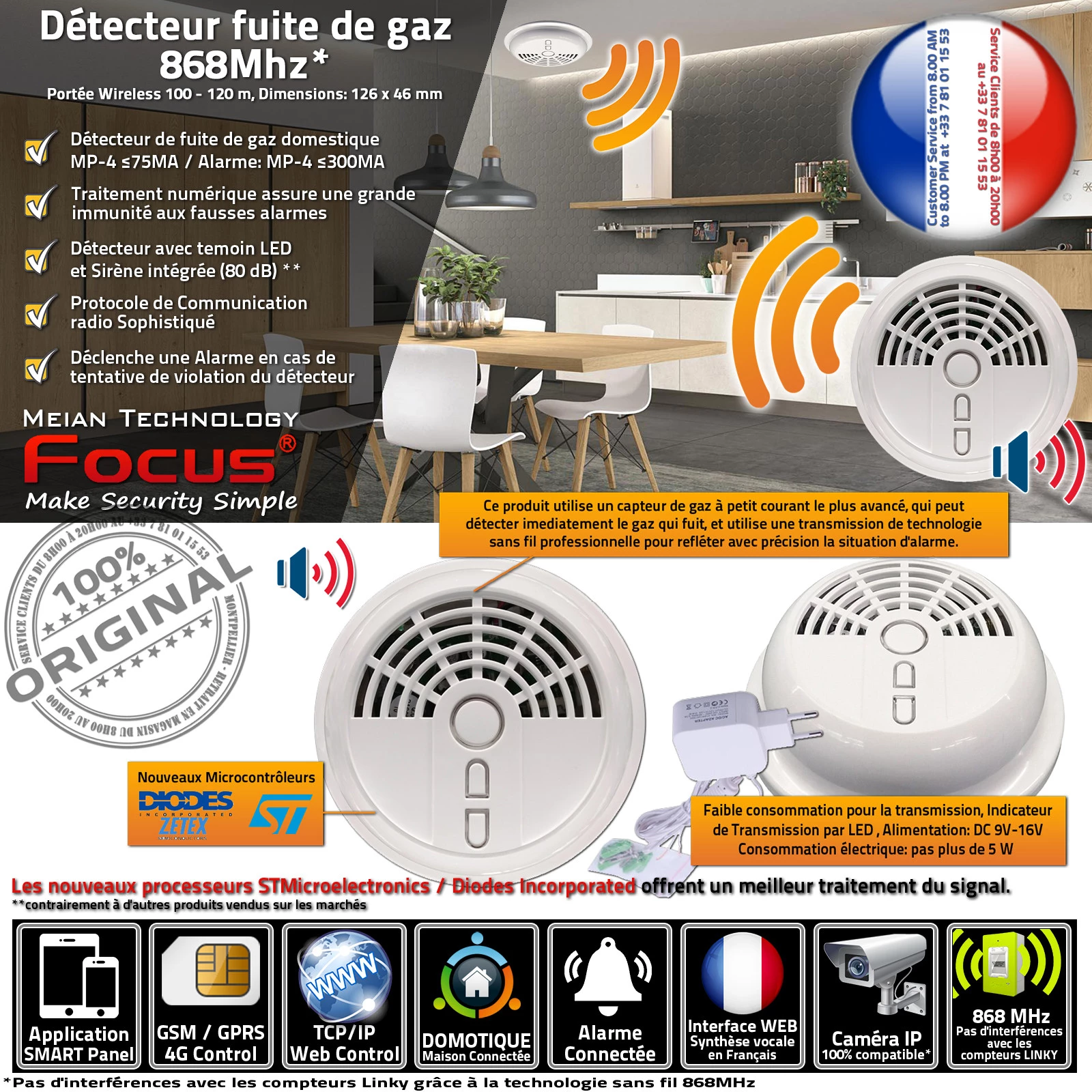 MD-2003R 868MHz Détecteurs de gaz, Capteur Protection Intoxication Gaz Connecté Sans-Fil