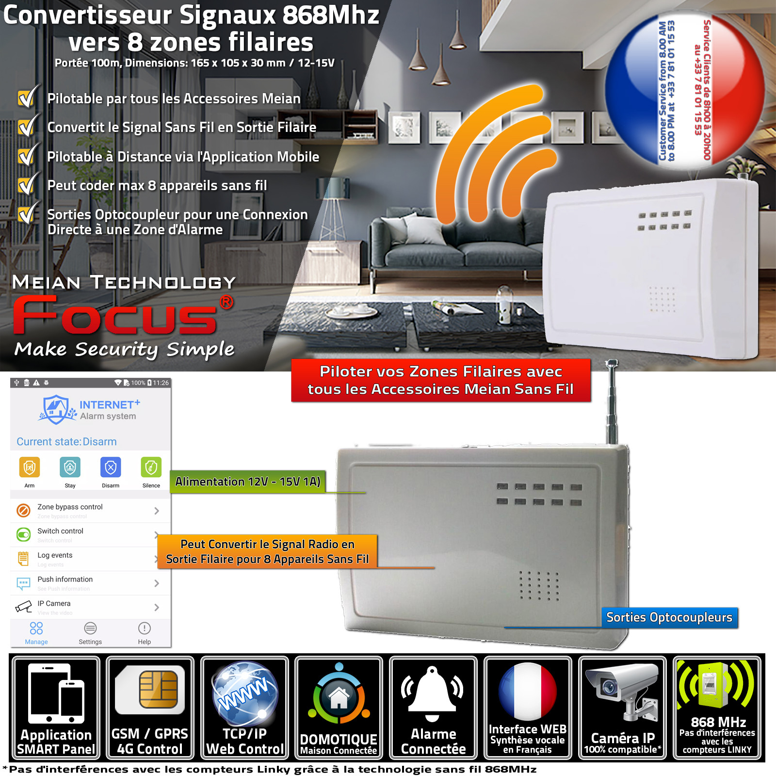 FC-008R 868MHz Convertisseur Signal d'alarme sans fil en Signal Filaire
